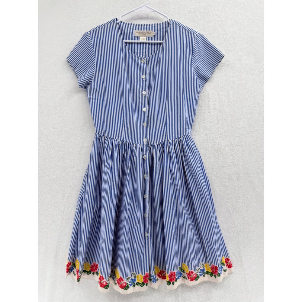 All Week Long Vintage 90s Blue Striped Floral Cotton Dress 10P Pockets Cottage